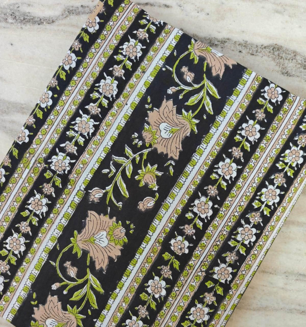 Black Floral Cotton Fabric by the Yard, Vintage Stripe Flower Print, Green Beige Botanical Quilting Sewing Fabric, Curtain Fabric, Napkins