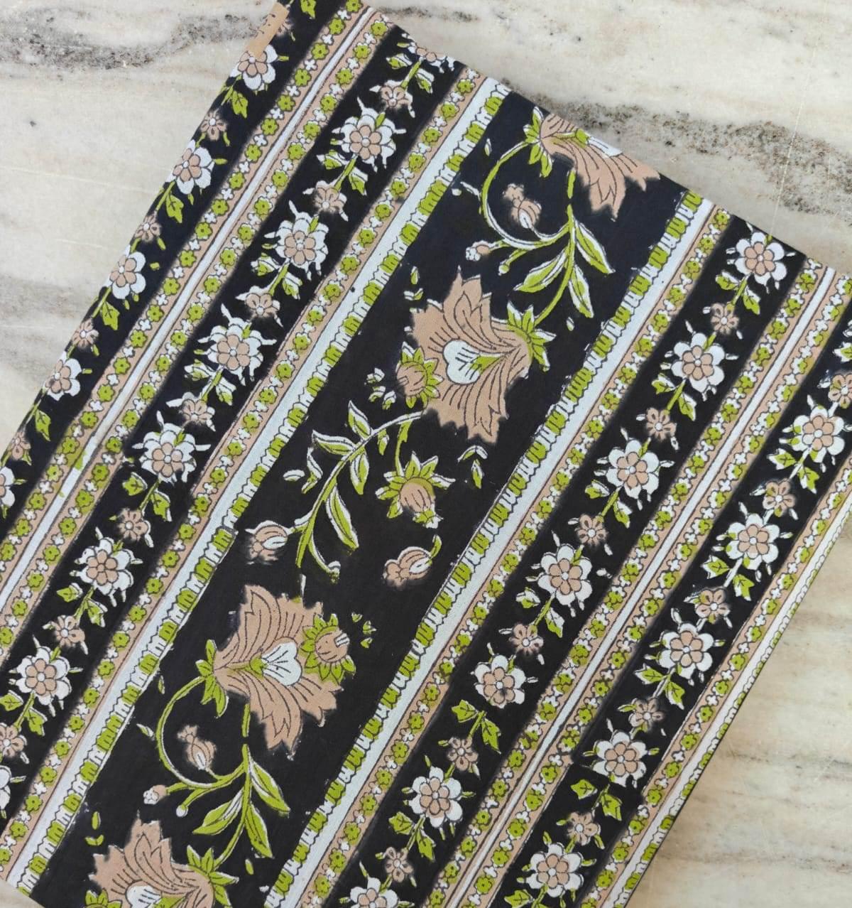Black Floral Cotton Fabric by the Yard, Vintage Stripe Flower Print, Green Beige Botanical Quilting Sewing Fabric, Curtain Fabric, Napkins