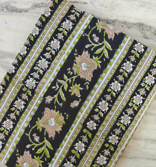 Black Floral Cotton Fabric by the Yard, Vintage Stripe Flower Print, Green Beige Botanical Quilting Sewing Fabric, Curtain Fabric, Napkins