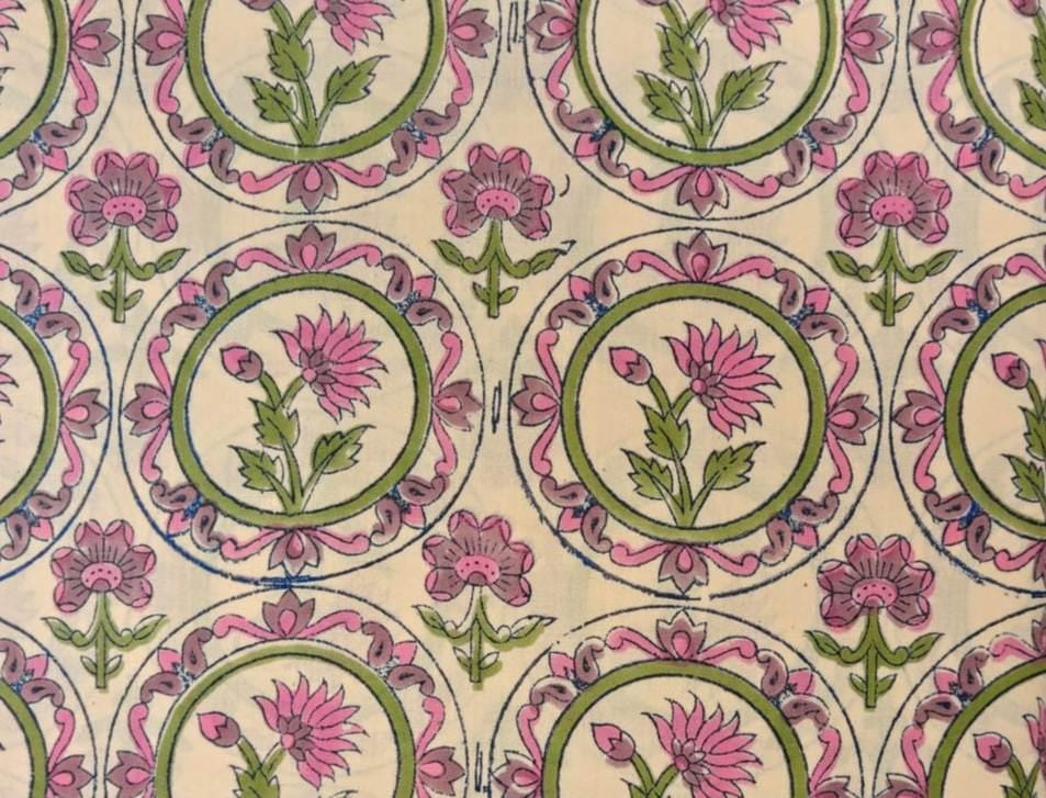 Pink Floral Block Print Cotton Fabric, Indian Hand Block Printed Fabric, Boho Flower Fabric by the Yard Quilting Cotton, Soft Cotton Textile
