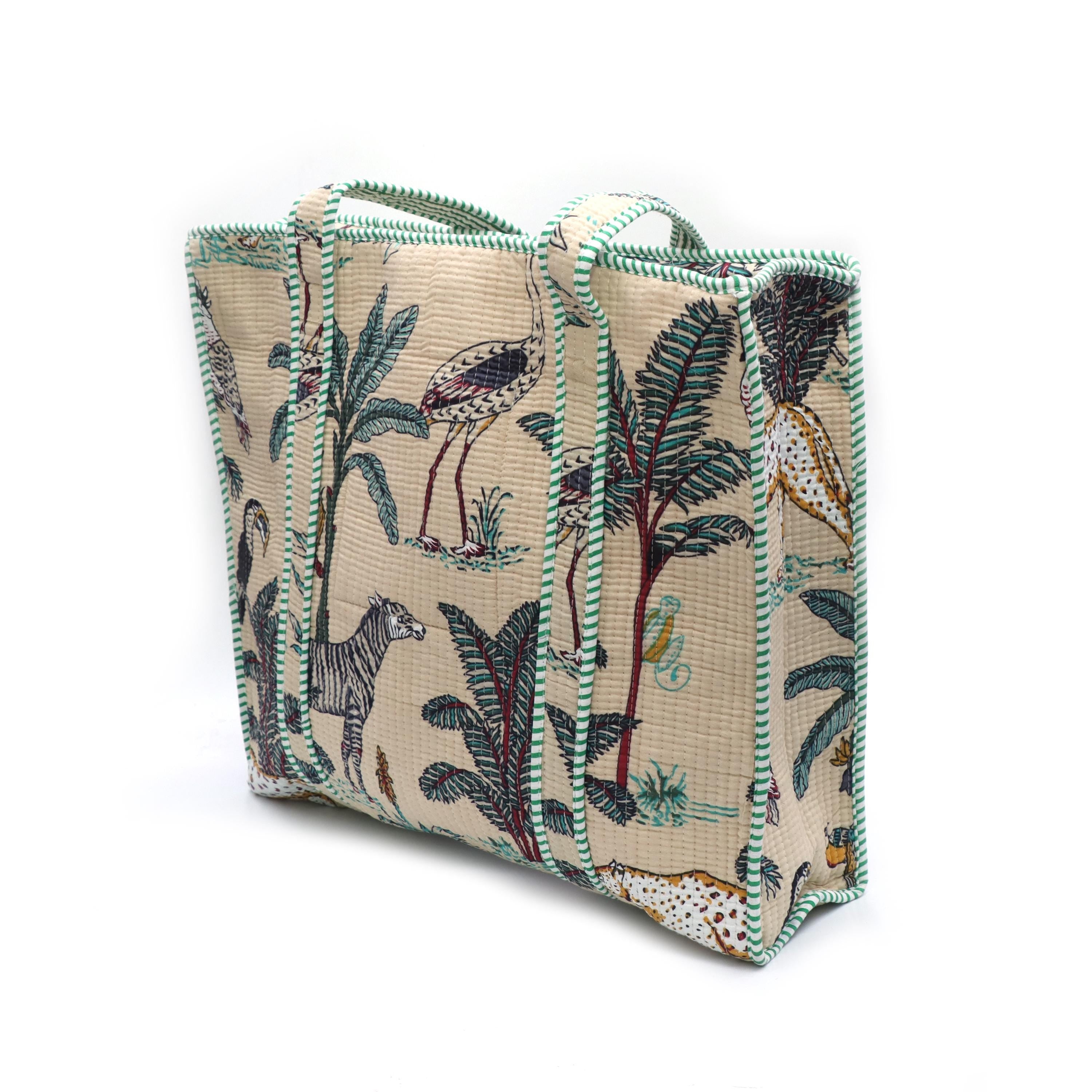 Tropical Jungle Tote Bag, Quilted Cotton Shoulder Bag, Safari Animal Print Bag, Zebra Bird Palm Tree Tote, Eco Friendly Reusable Shopper Bag