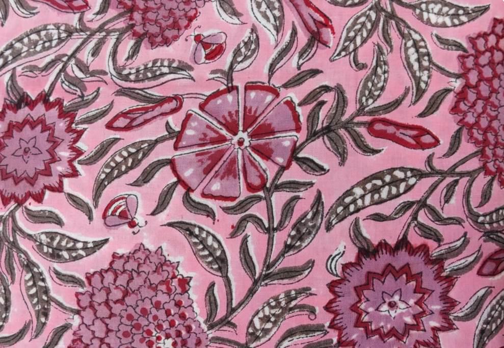 Pink Floral Block Print Cotton Fabric by the Yard, Soft Running Fabric for Sewing, Dress Making, Kurta, Quilting, Handmade Indian Fabric