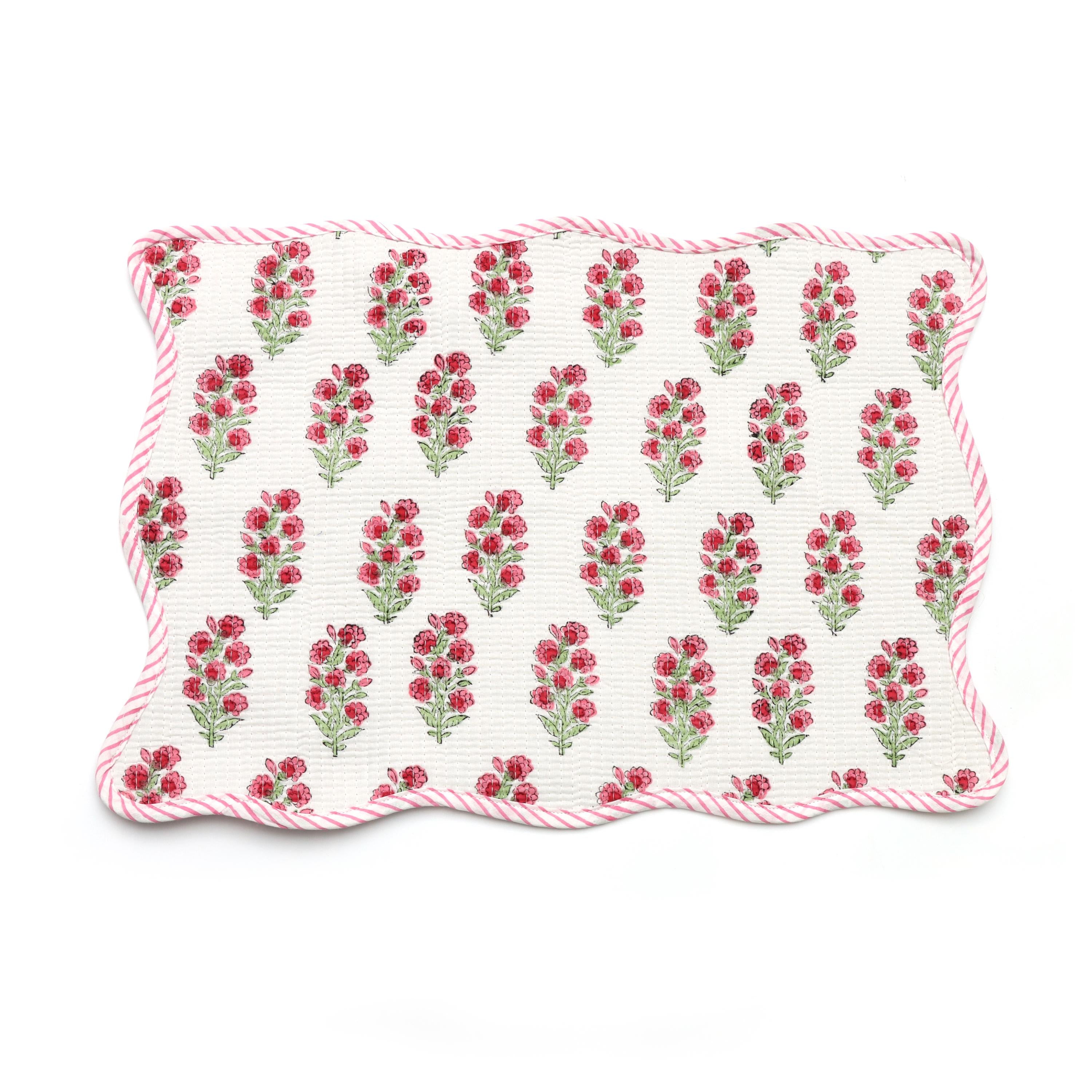 Pink Floral Block Print Table Mats, Handmade Quilted Scalloped Placemats, Reversible Cotton Dining Placemats Kitchen & Table Decor Placemats
