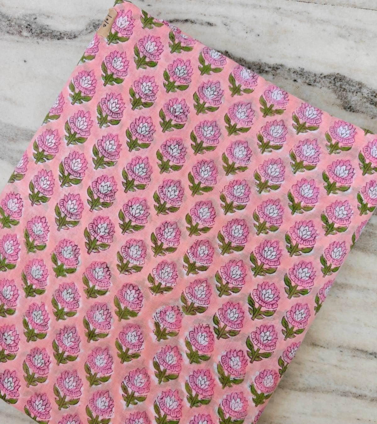 Pink Floral Cotton Fabric, Hand Block Print Fabric, Indian Buti Print Cotton, Soft Lightweight Fabric for Dressmaking, Quilting & Crafts