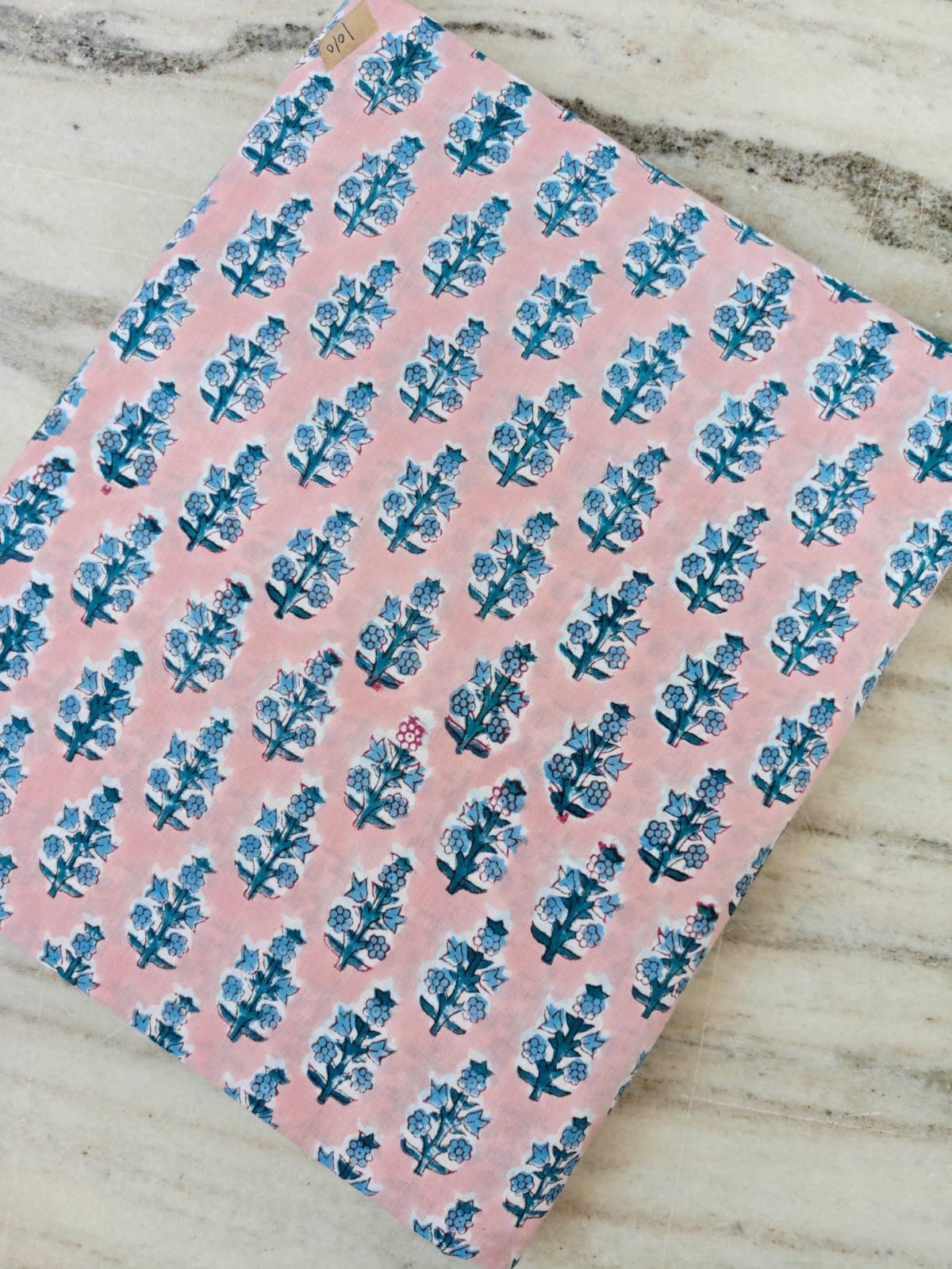 Pink Hand Block Print Cotton Fabric, Blue Floral Indian Fabric by the Yard, Soft Cotton for Quilting, Fabric For Dressmaking, Running Fabric