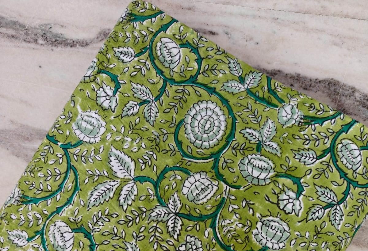 Green Soft Cotton, Indian Hand Block Print Style Cotton, Floral 100% Cotton Fabric By The Yard, Fabric for Loose Running, Vine Flower Fabric