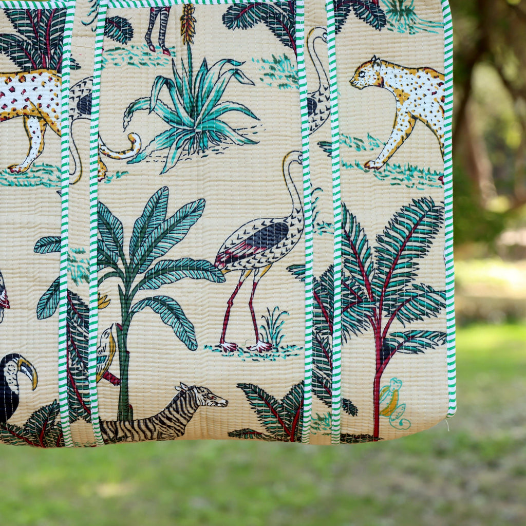 Personalized Cotton Tote Bag, Custom Name Jungle Print Bag, Handmade Quilted Shoulder Bag, Eco Friendly Reusable Shopping Bag, Gift for Her