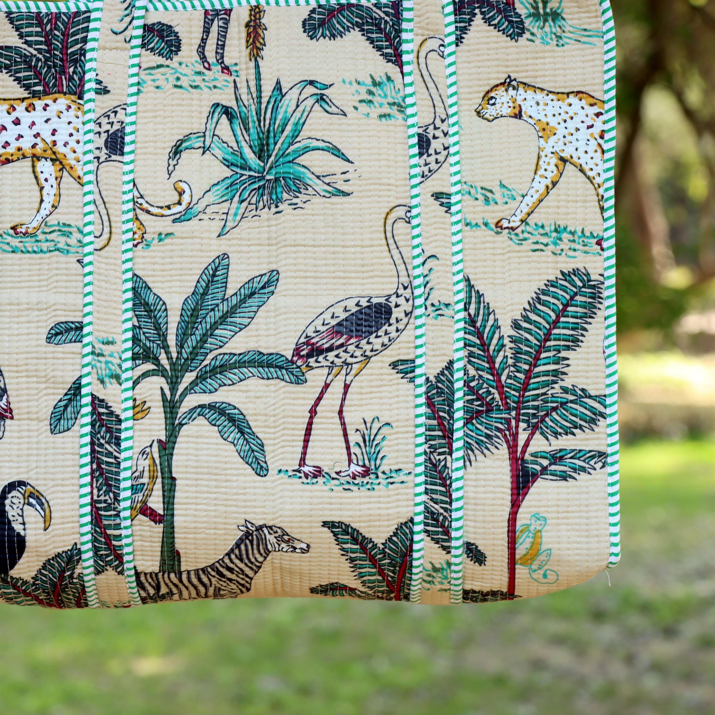 Personalized Cotton Tote Bag, Custom Name Jungle Print Bag, Handmade Quilted Shoulder Bag, Eco Friendly Reusable Shopping Bag, Gift for Her