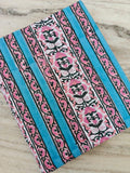 Pink Floral Block Print Cotton Fabric, Turquoise Stripe Indian Fabric, Hand Block Printed Cotton Yardage, Boho Craft Sewing Textile