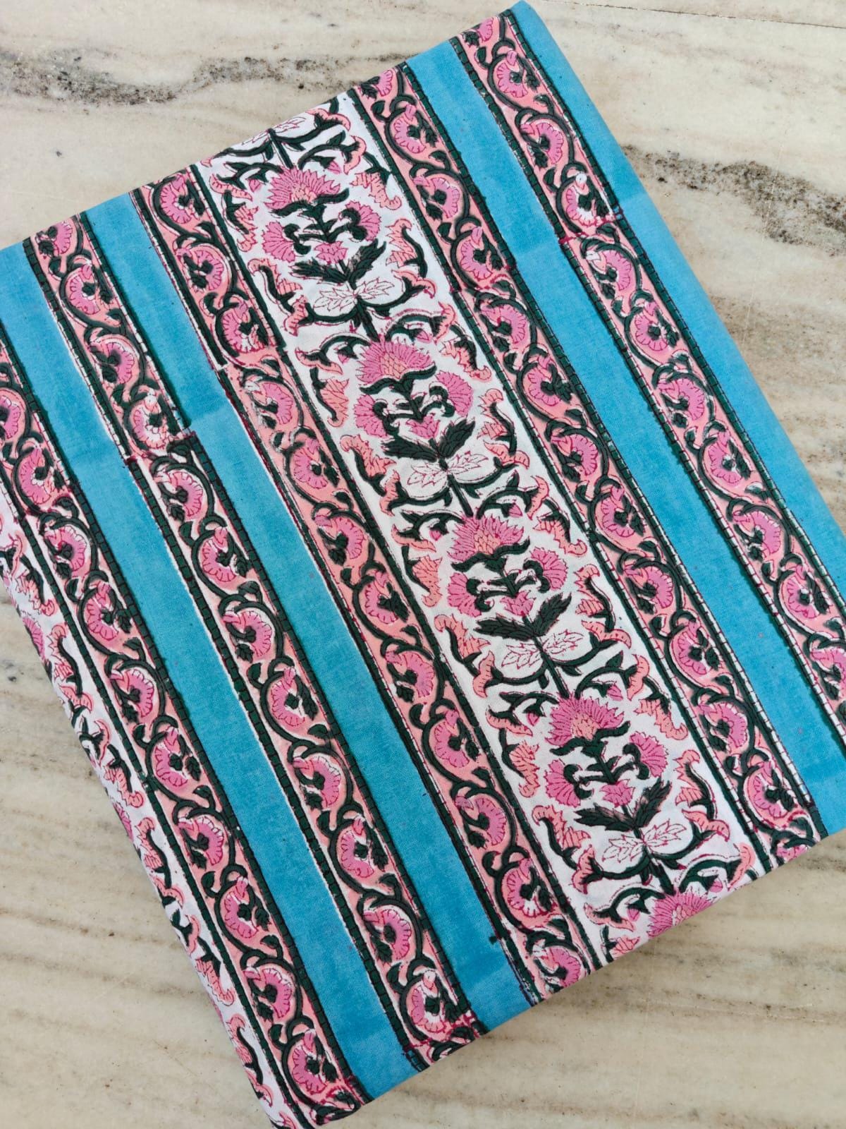 Pink Floral Block Print Cotton Fabric, Turquoise Stripe Indian Fabric, Hand Block Printed Cotton Yardage, Boho Craft Sewing Textile