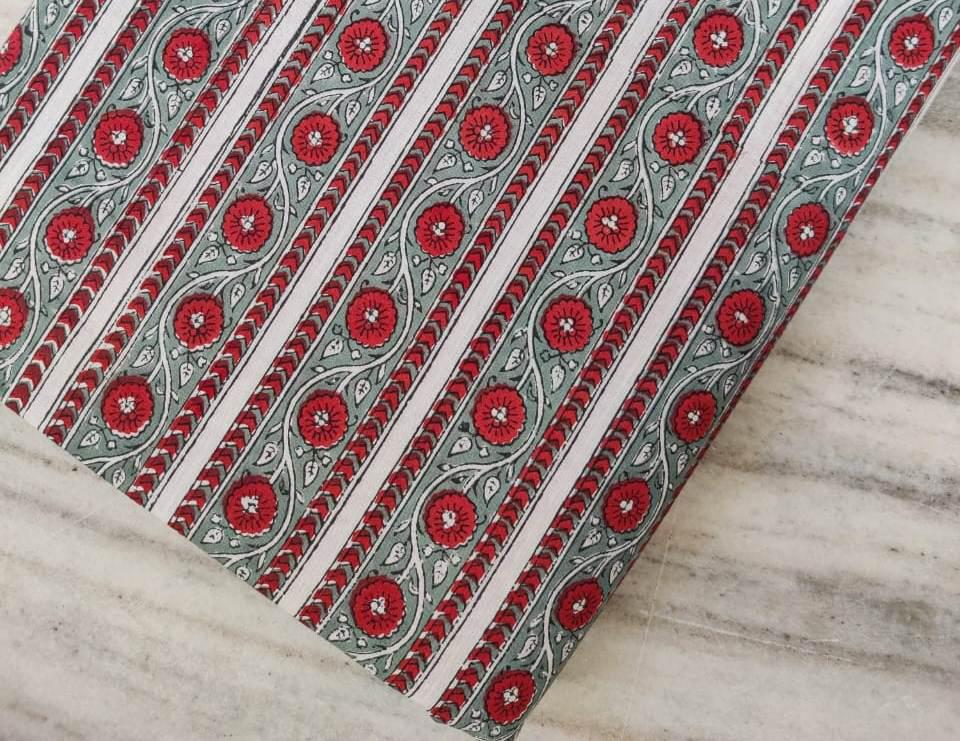 Red Green Striped Cotton Fabric, Hand Block Print Floral Fabric by the Yard, Quilting & Dressmaking Fabric, Christmas Home Decor Fabric