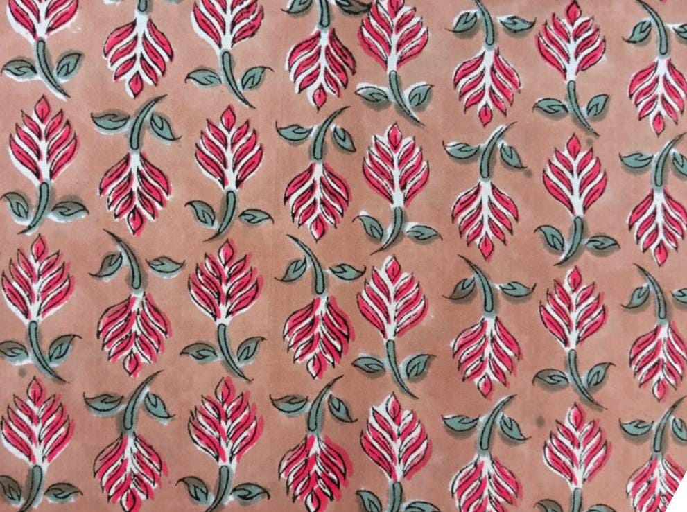 Peach Pink Floral Cotton Fabric, Hand Block Print Fabric, Indian Cotton Textile, Soft Craft Fabric, Dressmaking Quilting Fabric by Yard