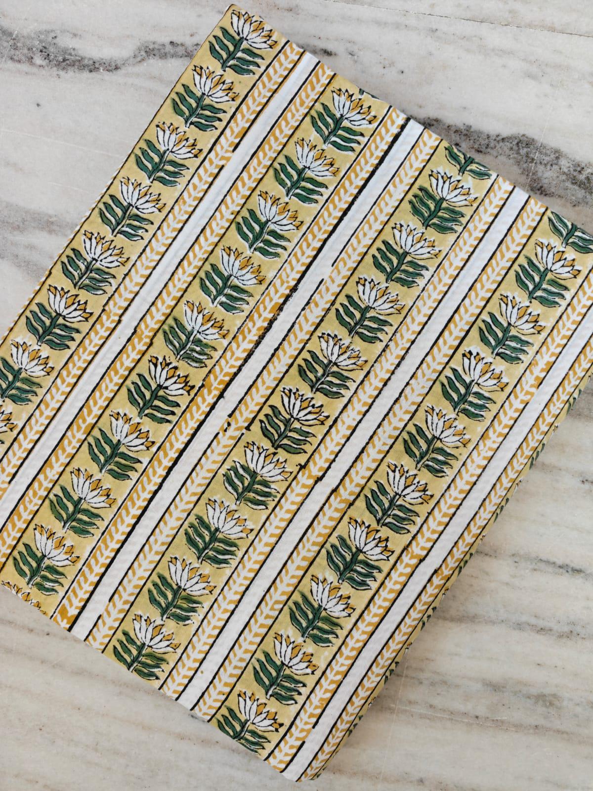 Yellow Floral Stripe Block Print Cotton Fabric, Hand Block Printed Indian Cotton Fabric By The Yard, White Lotus Buta Fabric for Dressmaking
