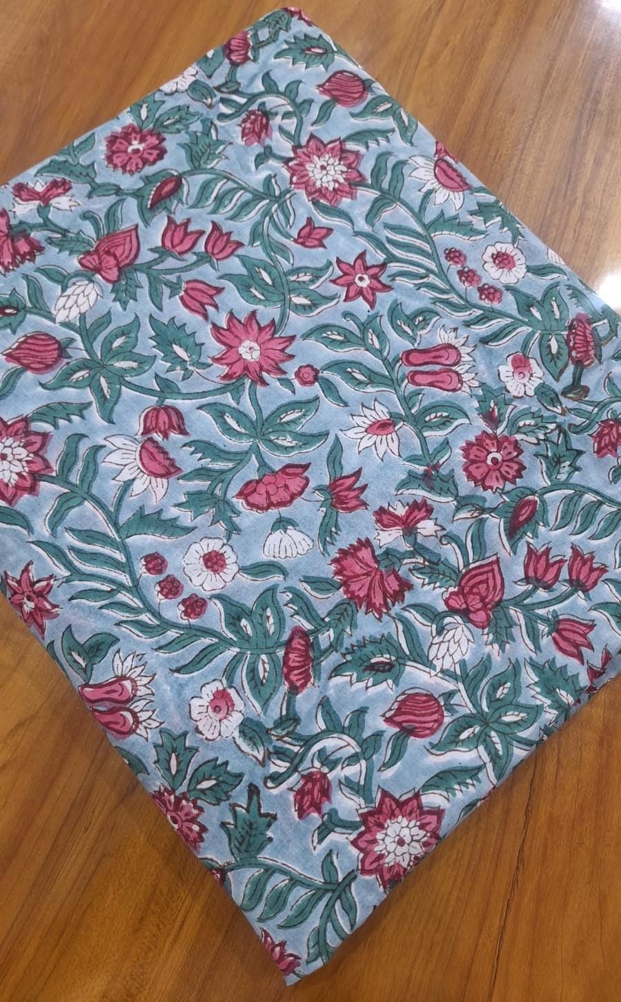 Light Blue Floral Cotton Fabric, Indian Block Print Fabric by Yard, Vintage Botanical Fabric, Soft Cotton Fabric, Dressmaking, Craft