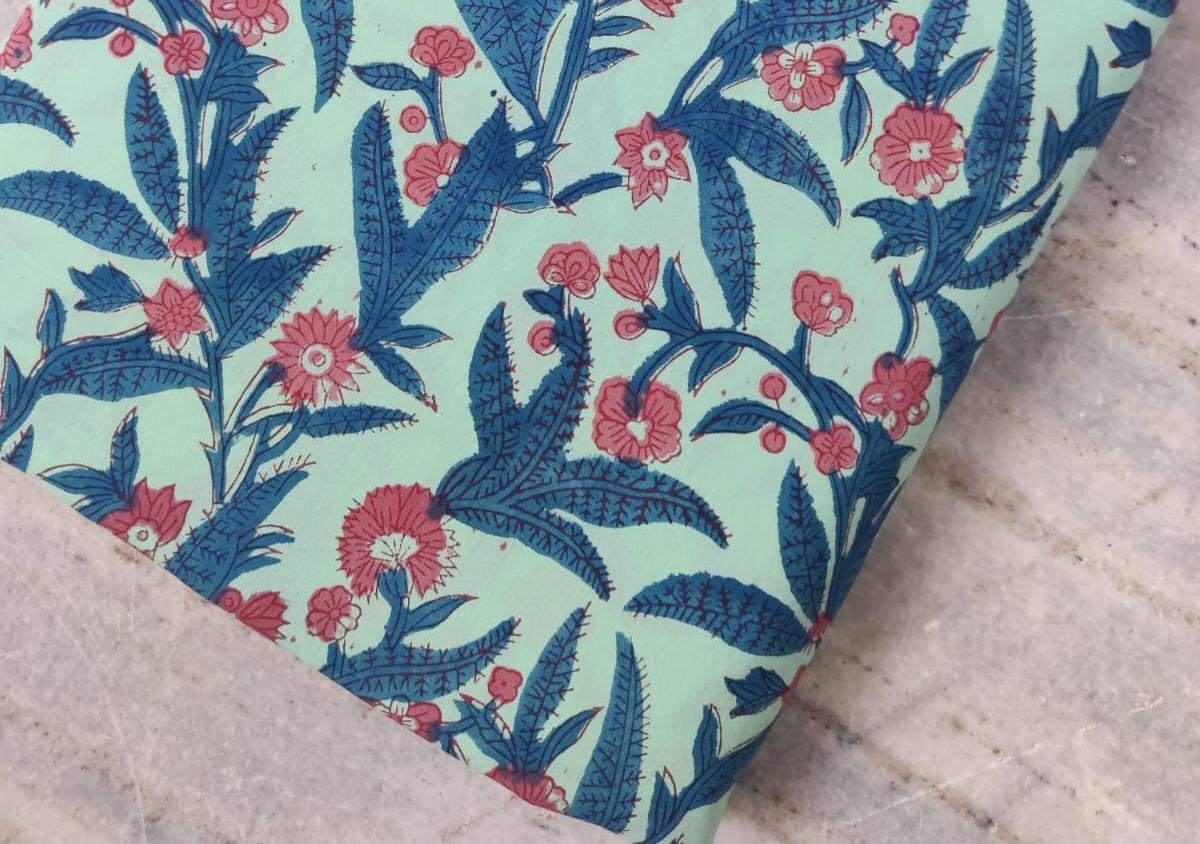 Blue Green Indian Hand Block Print Fabric, 100% Cotton Quilting Fabric By The Yard, Dressmaking Fabric, Loose Running Fabric, Napkin Fabric