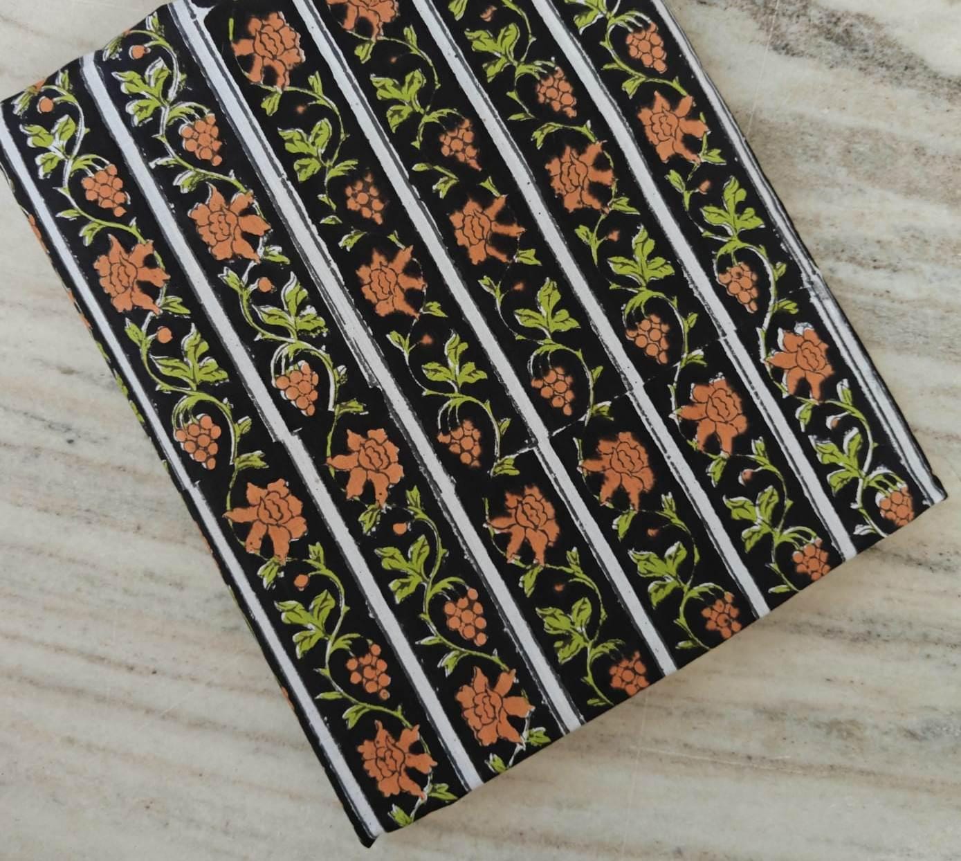 Black Floral Stripe Cotton Fabric – Orange & Green Block Print Fabric by the Yard – Indian Handmade Sewing Textile For Dress Making, Napkins