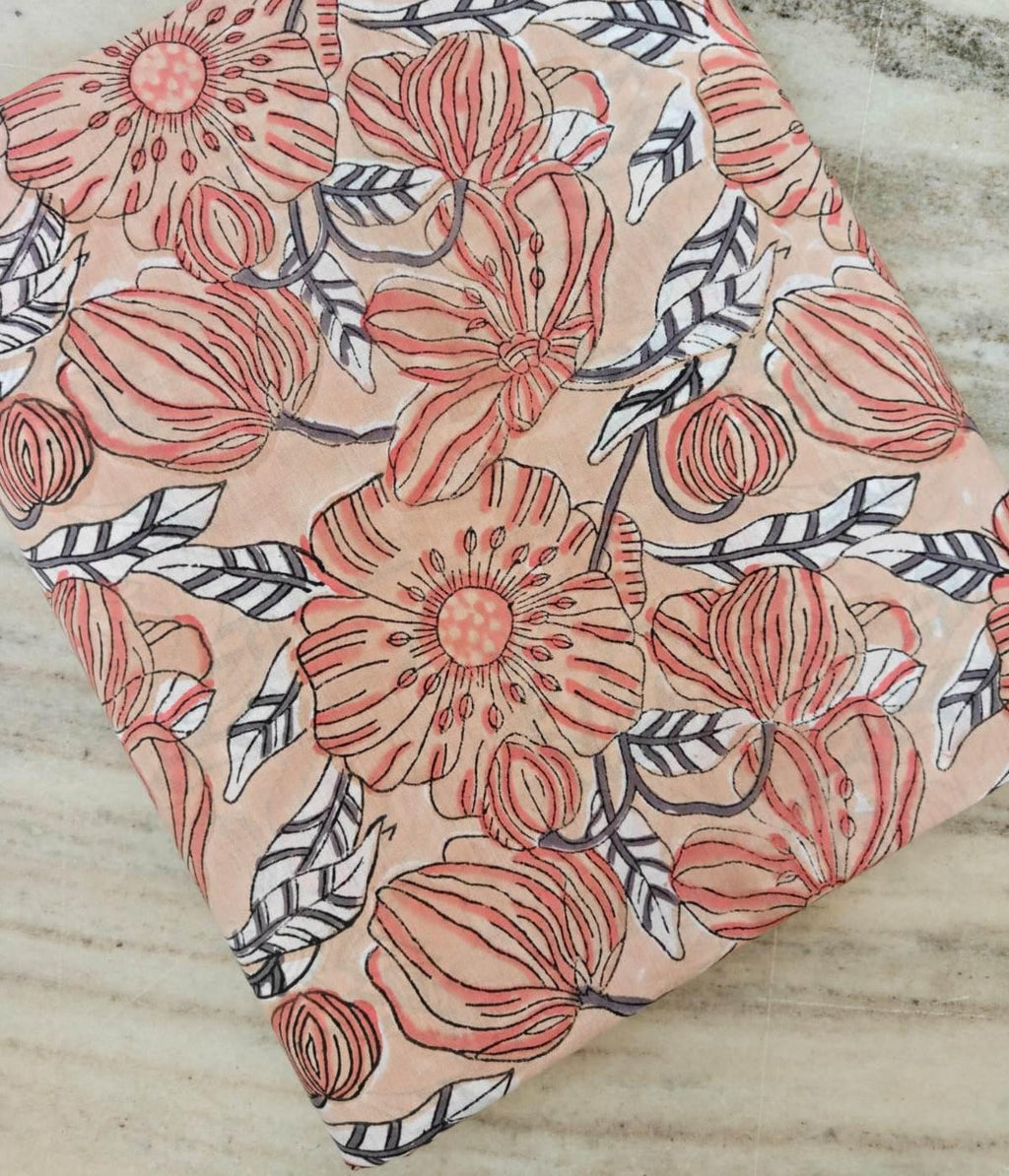 Large Floral Block Print Cotton Fabric, Peach Pink Indian Cotton, Hand Printed Boho Fabric for Dressmaking Quilting Sewing Projects, Napkins