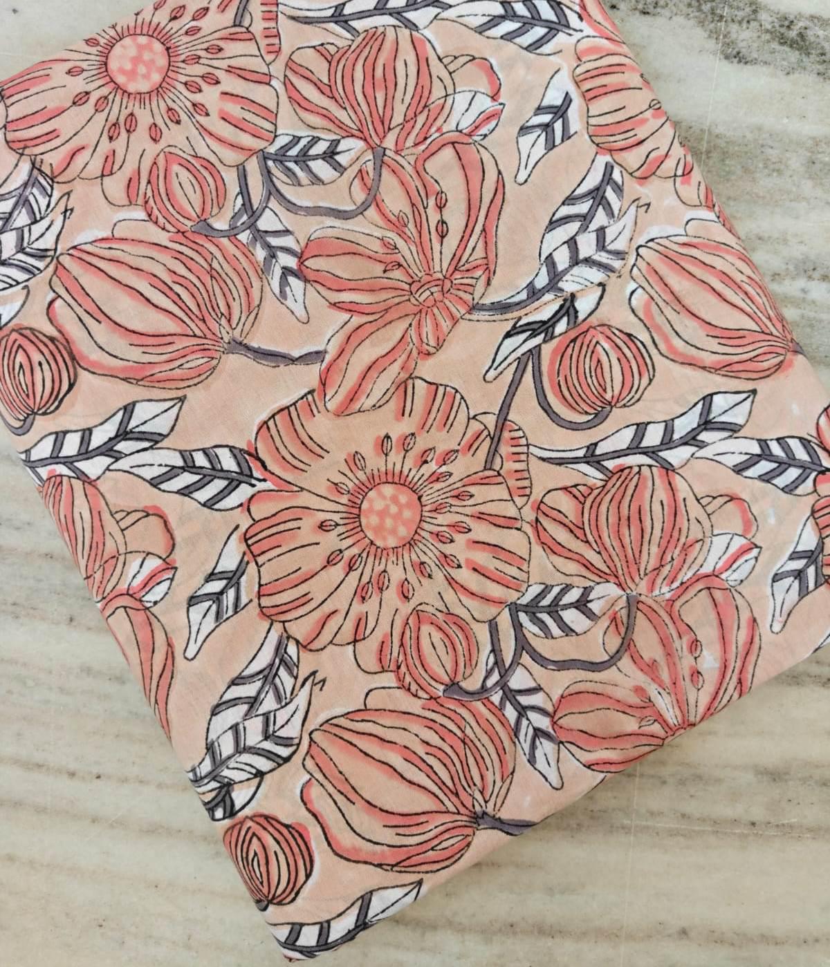 Large Floral Block Print Cotton Fabric, Peach Pink Indian Cotton, Hand Printed Boho Fabric for Dressmaking Quilting Sewing Projects, Napkins