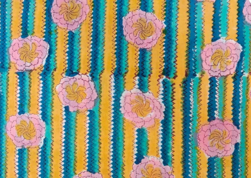 Floral Striped Cotton Fabric, Pink Flower Block Print Fabric, Teal Yellow Cotton Fabric by Yard, Indian Hand Block Fabric, Quilting Fabric