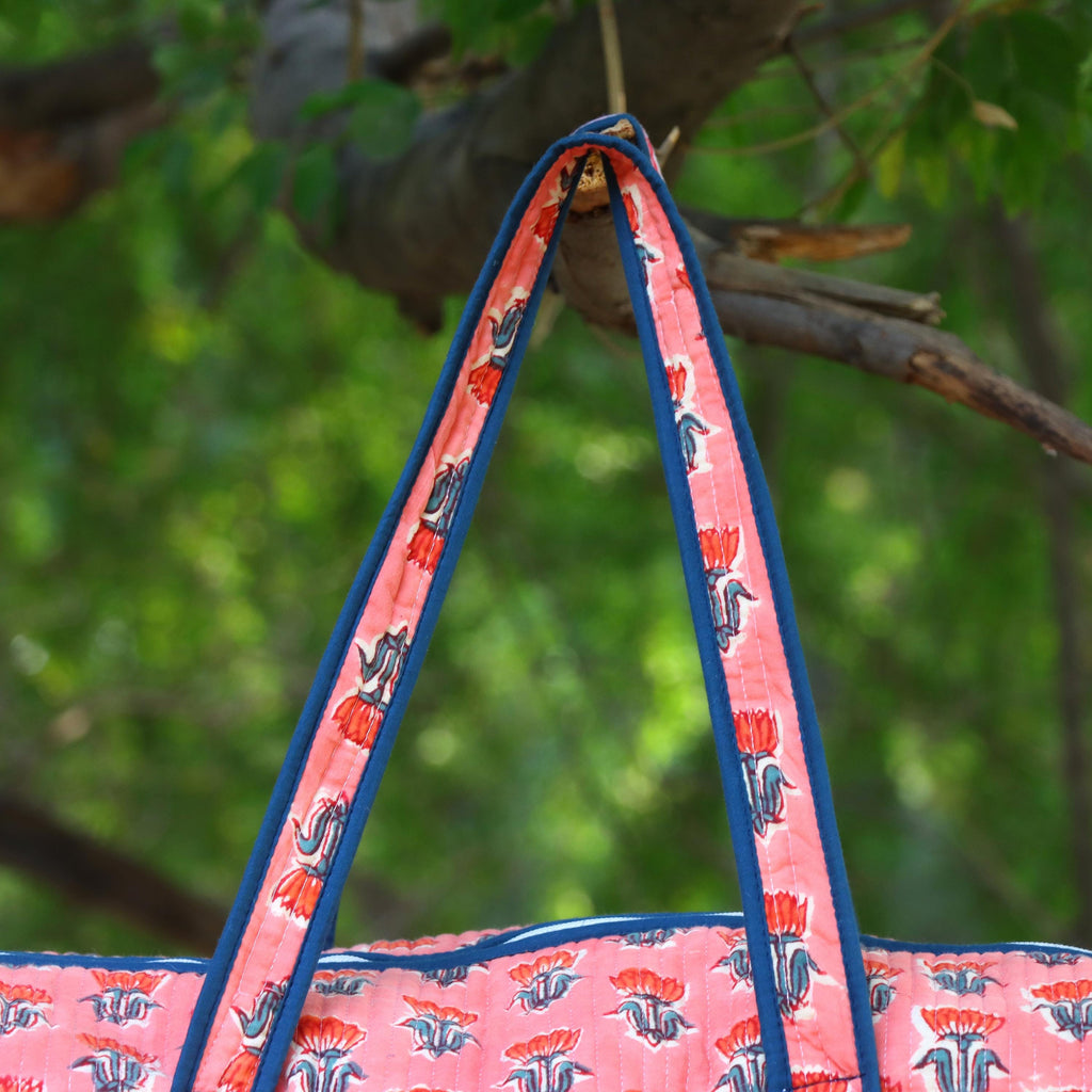 Indian Hand Block Print Handmade Yoga Mat Bag, Multi Color Flower Duffle Bag, Pink Flower Yoga Mat Holder Flower Print Gym Bag Overnight Bag