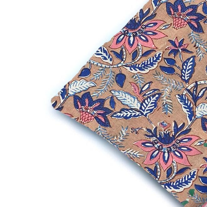 Floral Cotton Cushion Cover, Blue Pink Botanical Pillow Case, Hand Block Print Style Throw Pillow Cover, Farmhouse Boho Home Decor