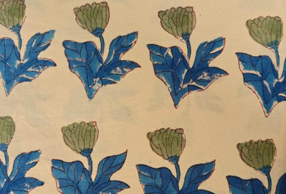 Hand Block Print Blue Leaf Green Bud Pattern Fabric, Beige Floral Cotton Fabric, Indian Cotton Fabric by the Yard, Fabric For Dress Making