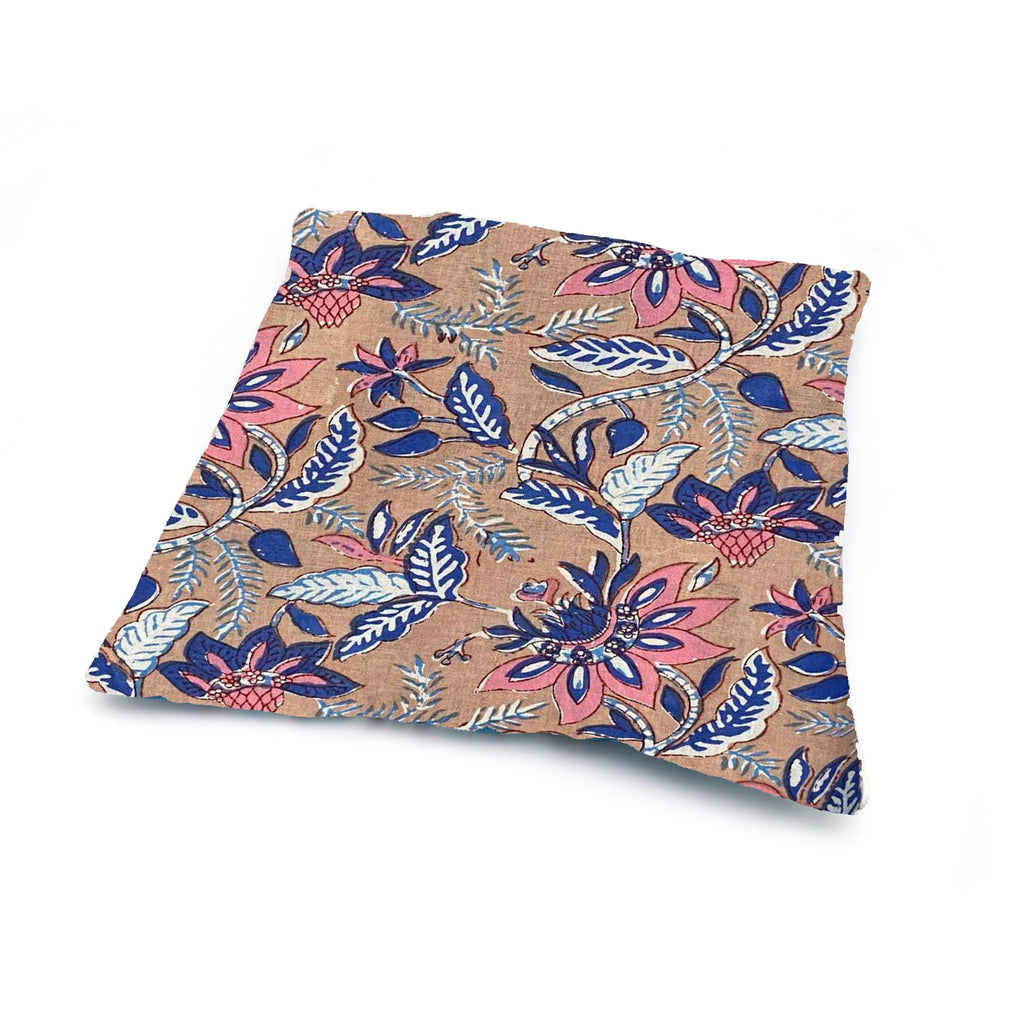 Floral Cotton Cushion Cover, Blue Pink Botanical Pillow Case, Hand Block Print Style Throw Pillow Cover, Farmhouse Boho Home Decor