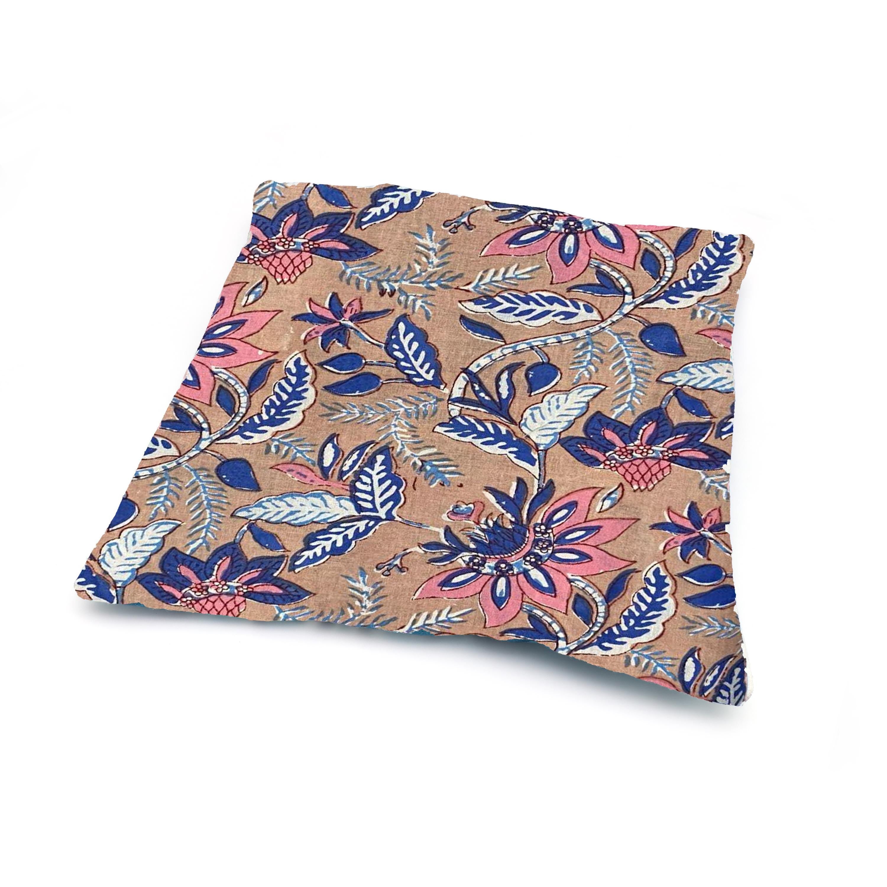 Floral Cotton Cushion Cover, Blue Pink Botanical Pillow Case, Hand Block Print Style Throw Pillow Cover, Farmhouse Boho Home Decor