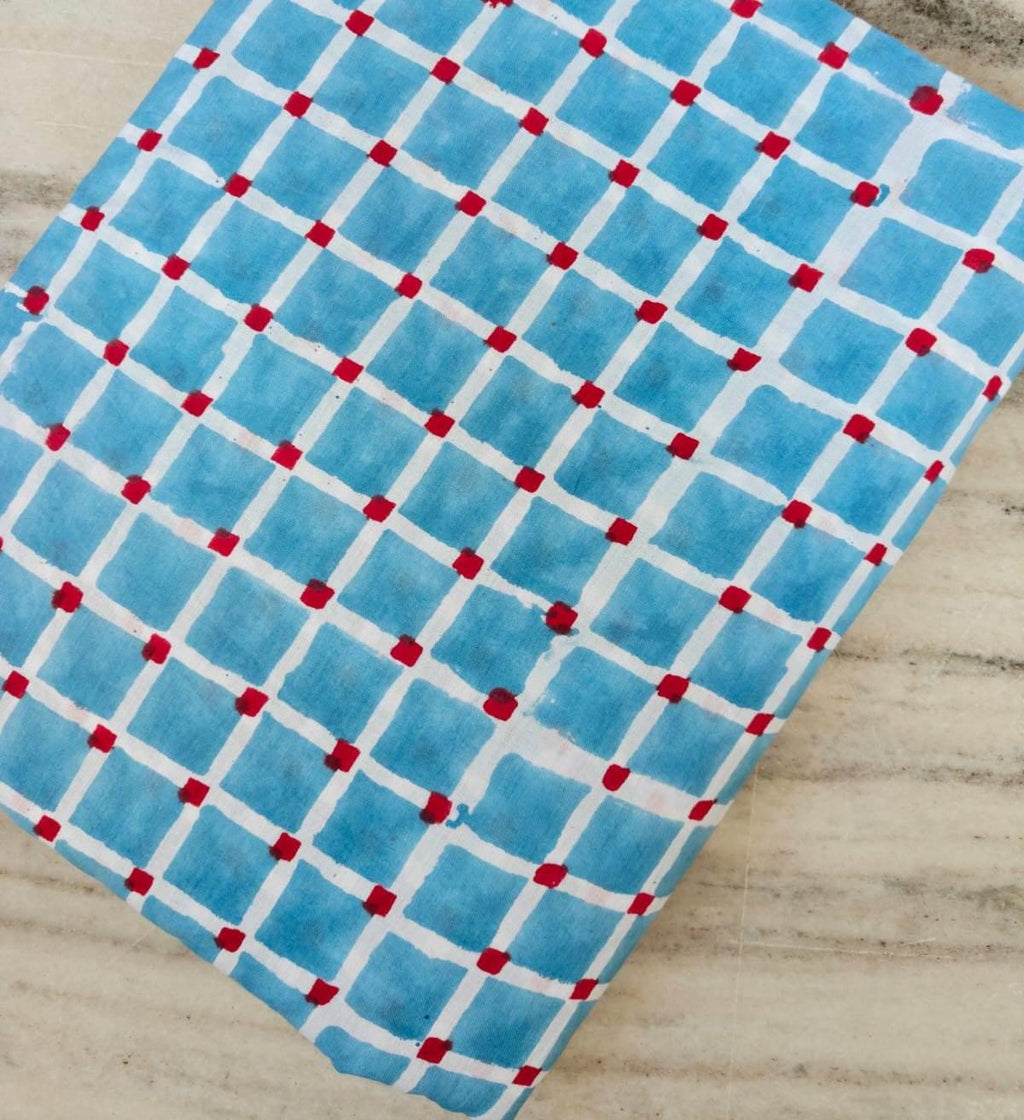 Blue Checkered Cotton Fabric by Yard, Geometric Grid Print Fabric, Hand Block Print Cotton Material, Quilting Dressmaking Home Decor Fabric