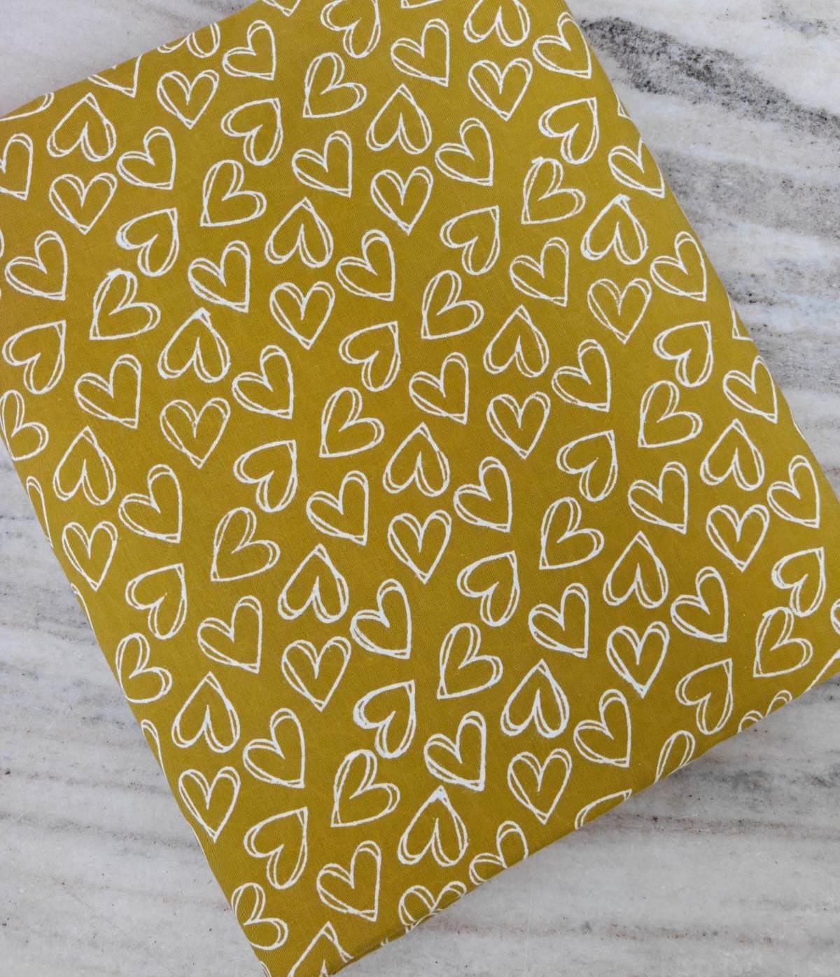 Mustard Yellow Heart Print Cotton Fabric, Cute Love Pattern Fabric by Yard, Valentine Fabric, Quilting Sewing Craft, Modern Minimal Fabric