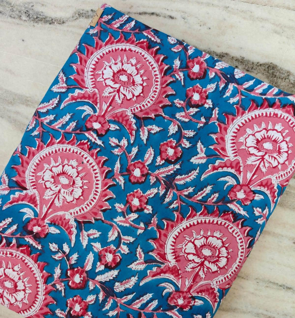 Pink Floral Paisley Cotton Fabric by the Yard, Blue Background Block Print Fabric, Indian Hand Block Print Cotton, Boho Craft Quilting