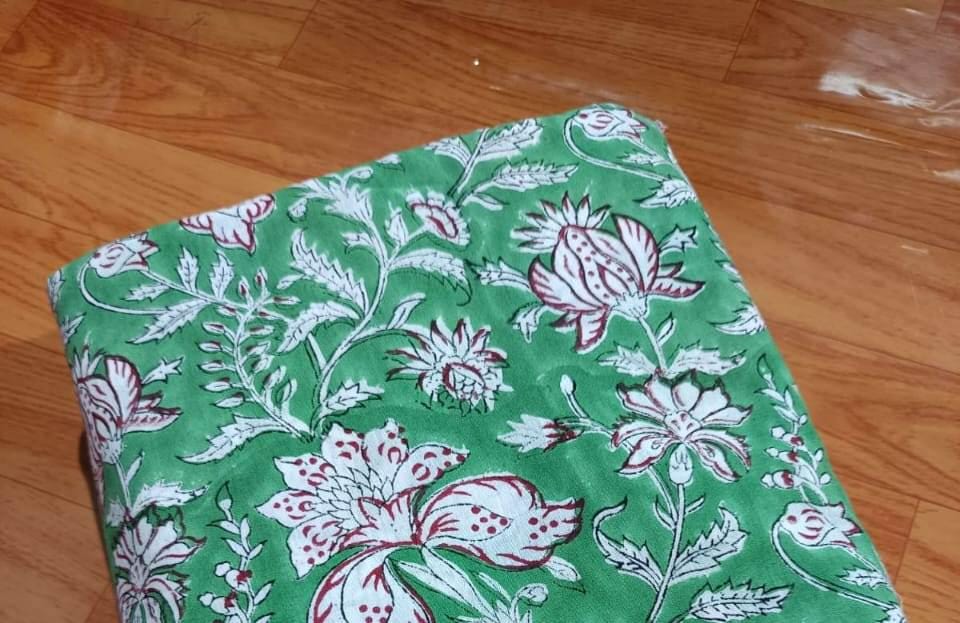 Green Pink Color Indian Hand Block Print Fabric, 100% Cotton Quilting Fabric By The Yard, Fabric For Dress Making, Loose Running Fabric