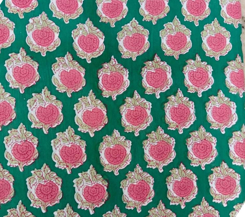 Green and Pink Rose Indian Hand Block Print Fabric 100% Cotton Quilting Fabric By The Yard, Dressmaking Fabric, Napkins Fabric, Loose Fabric