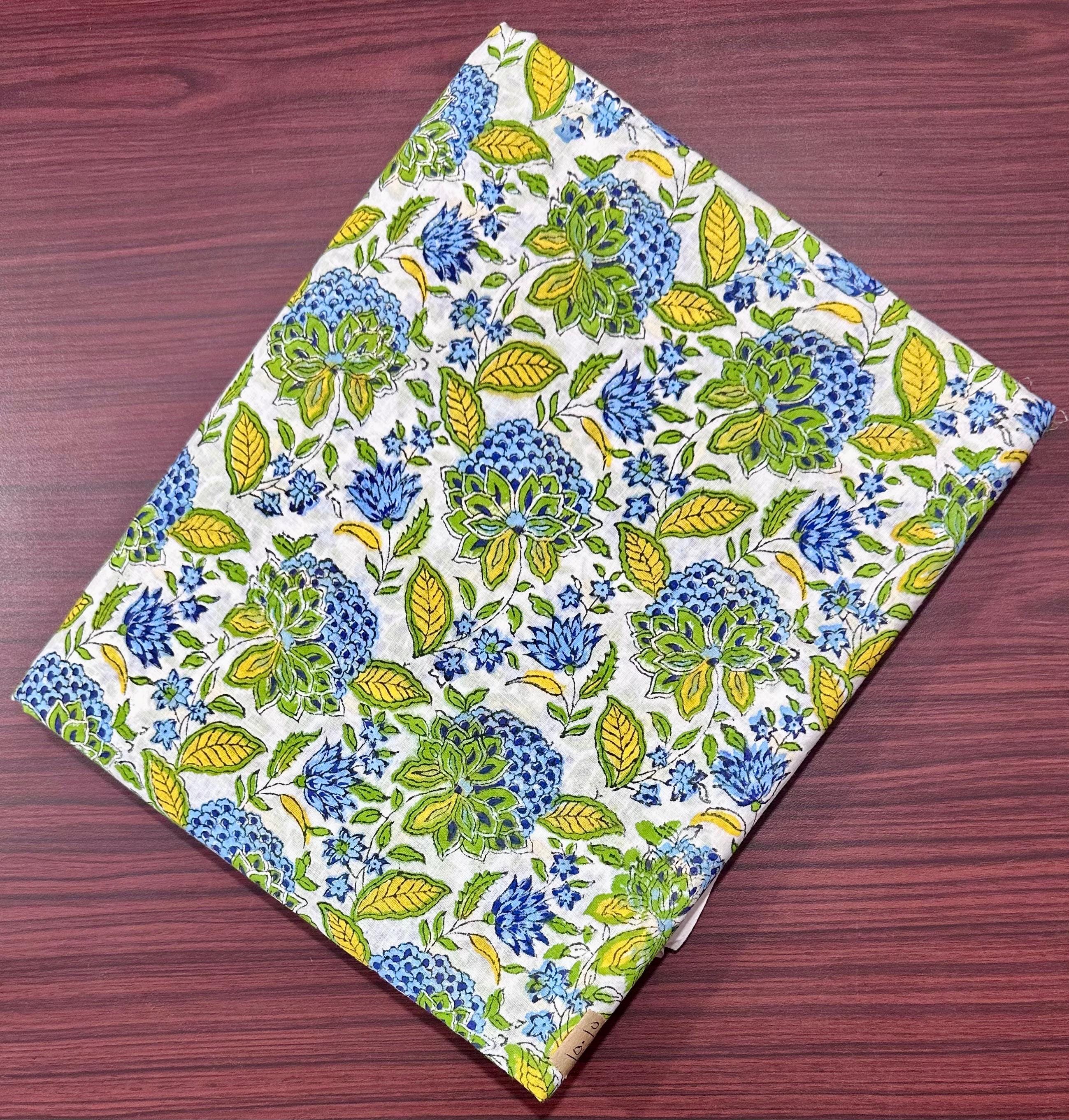Green Blue Print Cotton Fabric, Multi Color Fabrics, Hand Block Print, Indian Cotton Textile, Sewing Quilting, Loose Running Fabric