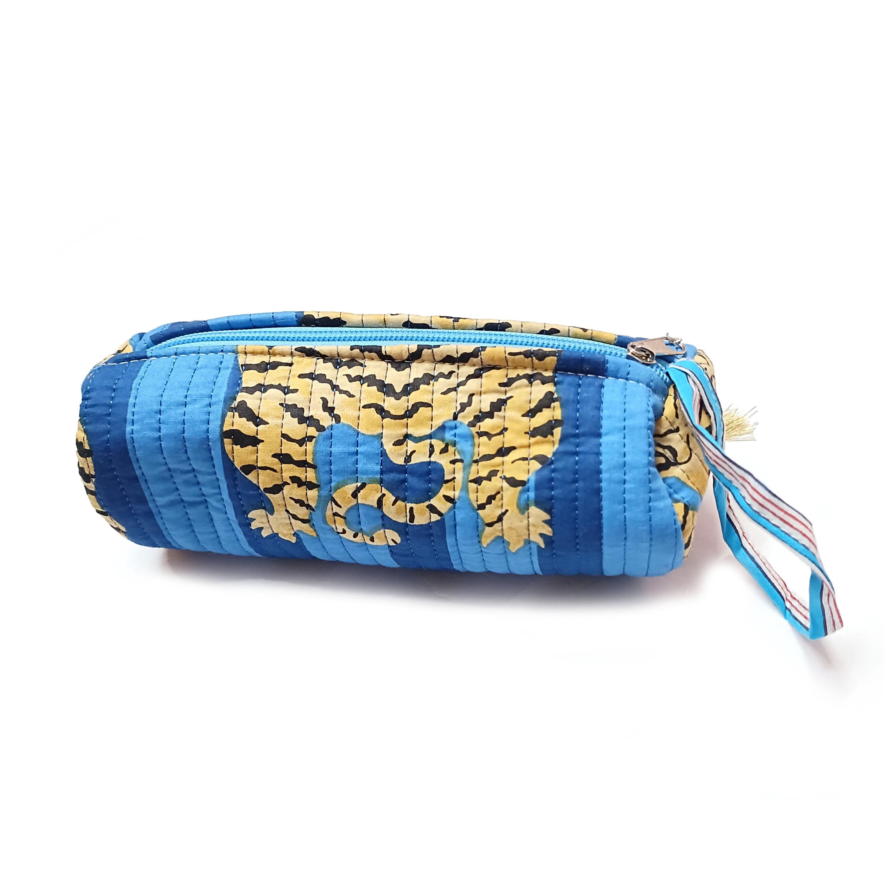 Quilted Cotton Pencil Case: Floral Tiger Print Makeup Bag