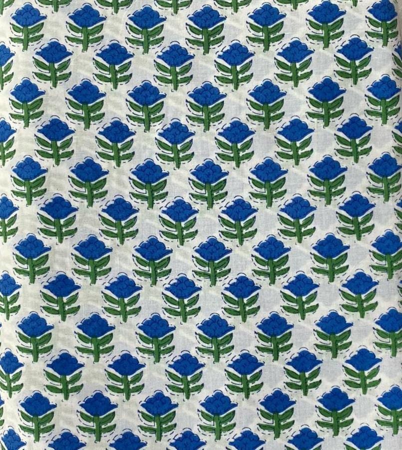 Blue Floral Cotton Fabric, Hand Block Print Style, Small Repeat Flower Fabric, Indian Cotton Fabric, Soft Craft & Quilting Fabric by Yard