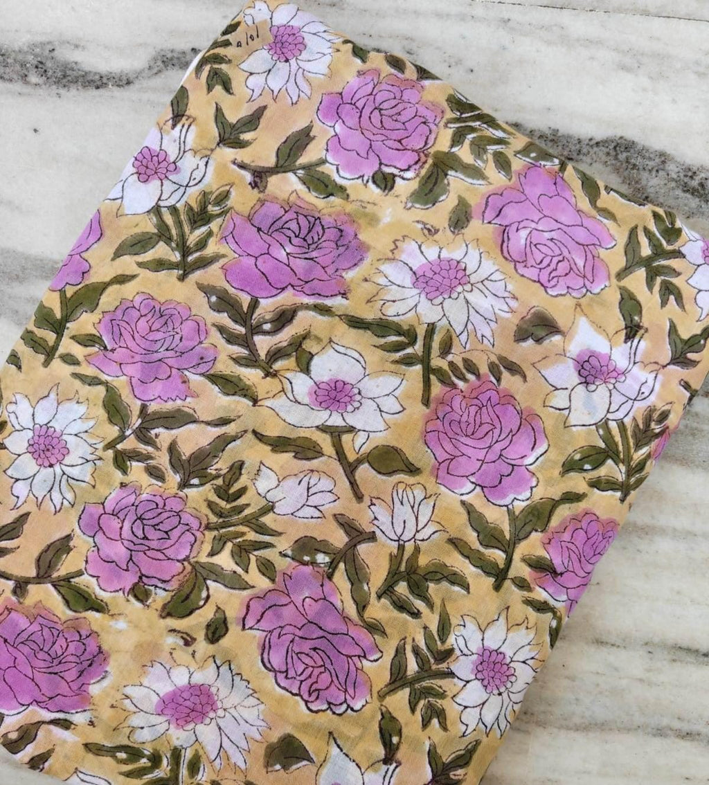 New Arrival Floral Cotton Fabric, Yellow Pink Flower Print Fabric, Indian Hand Block Print Cotton, Soft Dressmaking Fabric, Quilting Fabric