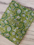 Green Soft Cotton, Indian Hand Block Print Style Cotton, Floral 100% Cotton Fabric By The Yard, Fabric for Loose Running, Vine Flower Fabric