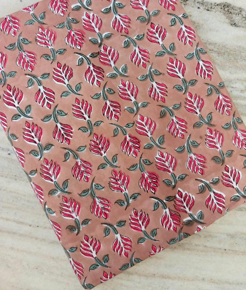 Peach Pink Floral Cotton Fabric, Hand Block Print Fabric, Indian Cotton Textile, Soft Craft Fabric, Dressmaking Quilting Fabric by Yard