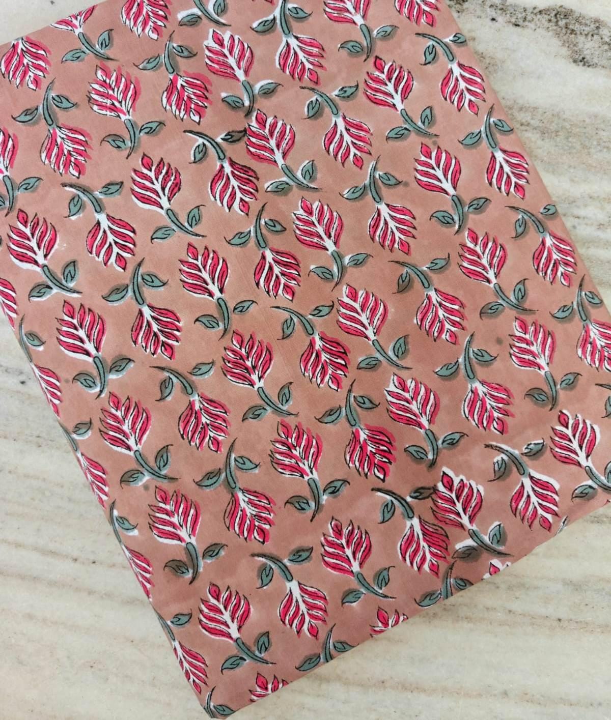 Peach Pink Floral Cotton Fabric, Hand Block Print Fabric, Indian Cotton Textile, Soft Craft Fabric, Dressmaking Quilting Fabric by Yard