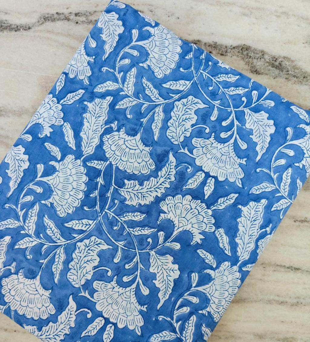 Blue Floral Cotton Fabric, Hand Block Print Fabric, Indian Cotton Textile, Blue White Botanical Fabric, Quilting Sewing Craft Fabric by Yard