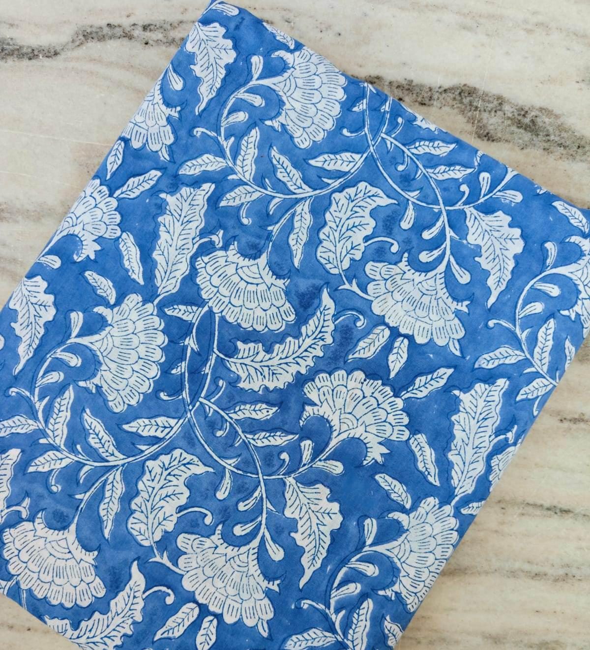 Blue Floral Cotton Fabric, Hand Block Print Fabric, Indian Cotton Textile, Blue White Botanical Fabric, Quilting Sewing Craft Fabric by Yard
