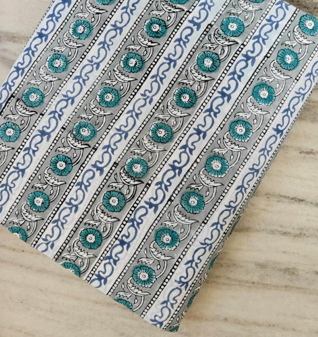 Blue Teal Floral Block Print Cotton Fabric, Indian Hand Block Style Striped Fabric, Fabric for Loose Running, Dress Making, Textile Fabric