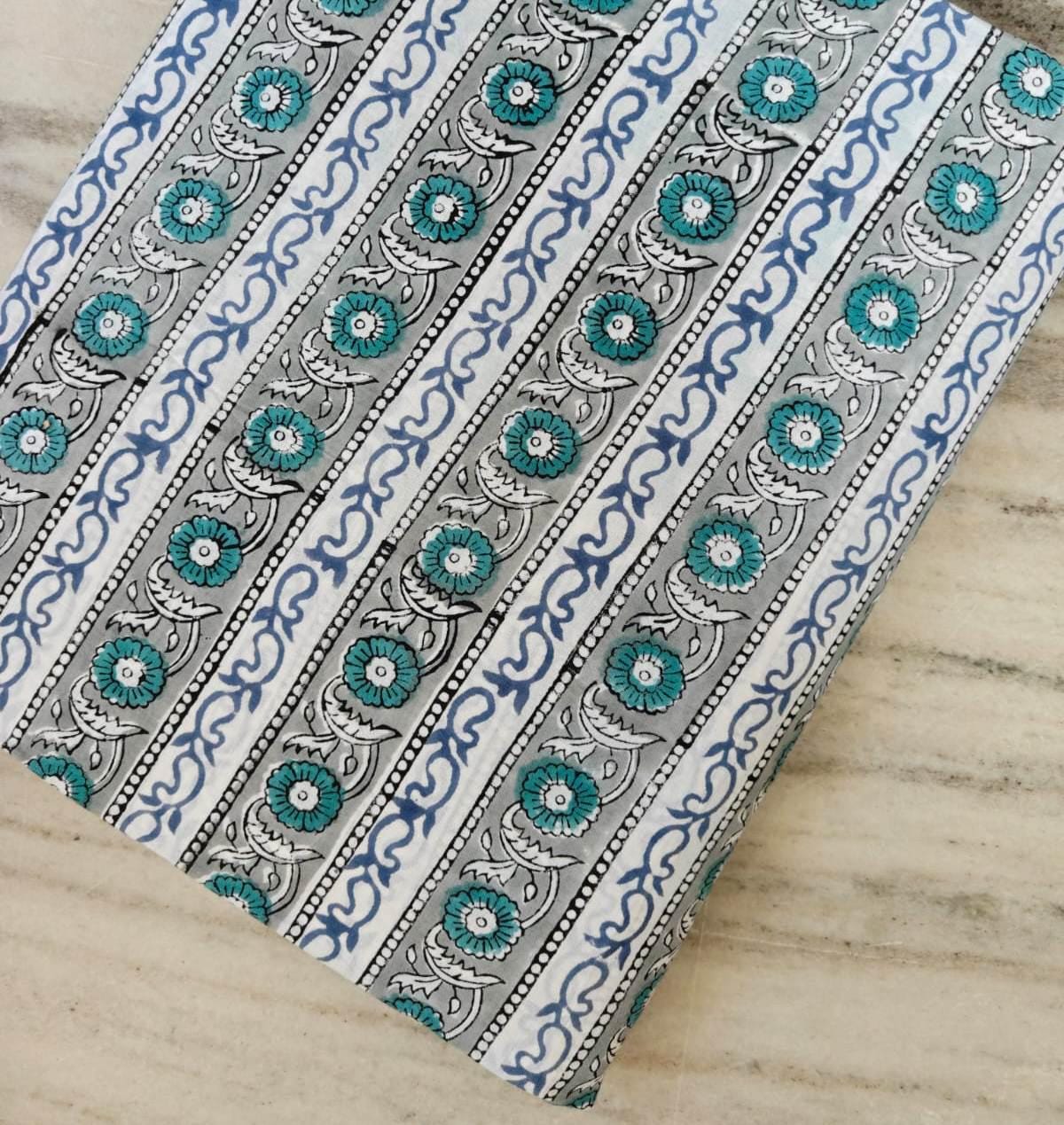 Blue Teal Floral Block Print Cotton Fabric, Indian Hand Block Style Striped Fabric, Fabric for Loose Running, Dress Making, Textile Fabric