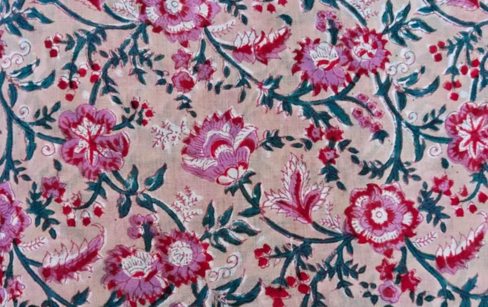 Blush Pink Floral Cotton Fabric, Vintage Style Flower Print Fabric, Teal Vine Botanical Fabric by Yard, Sewing Craft Dressmaking Fabric