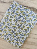 White Floral Vine Block Print Cotton Fabric by the Yard, Blue Green Indian Hand Printed Cotton, Soft Boho Sewing Quilting Fabric, Napkins