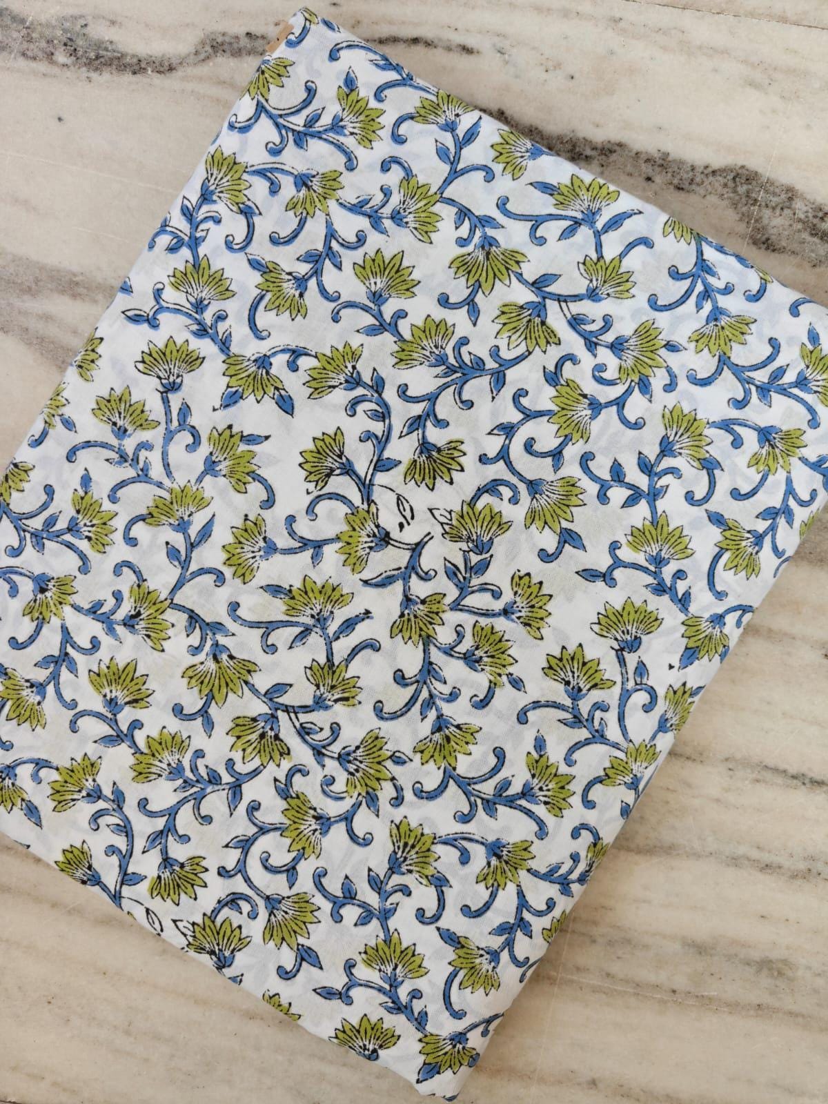 White Floral Vine Block Print Cotton Fabric by the Yard, Blue Green Indian Hand Printed Cotton, Soft Boho Sewing Quilting Fabric, Napkins