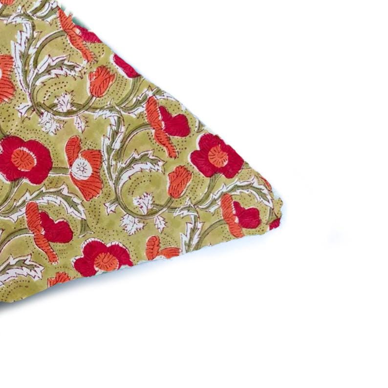 Hand Block Printed Cotton Cushion Cover, Green Floral Pillow Cover, 16x16 Handmade Cushion, Red Flower Print Throw Pillow, Boho Home Decor