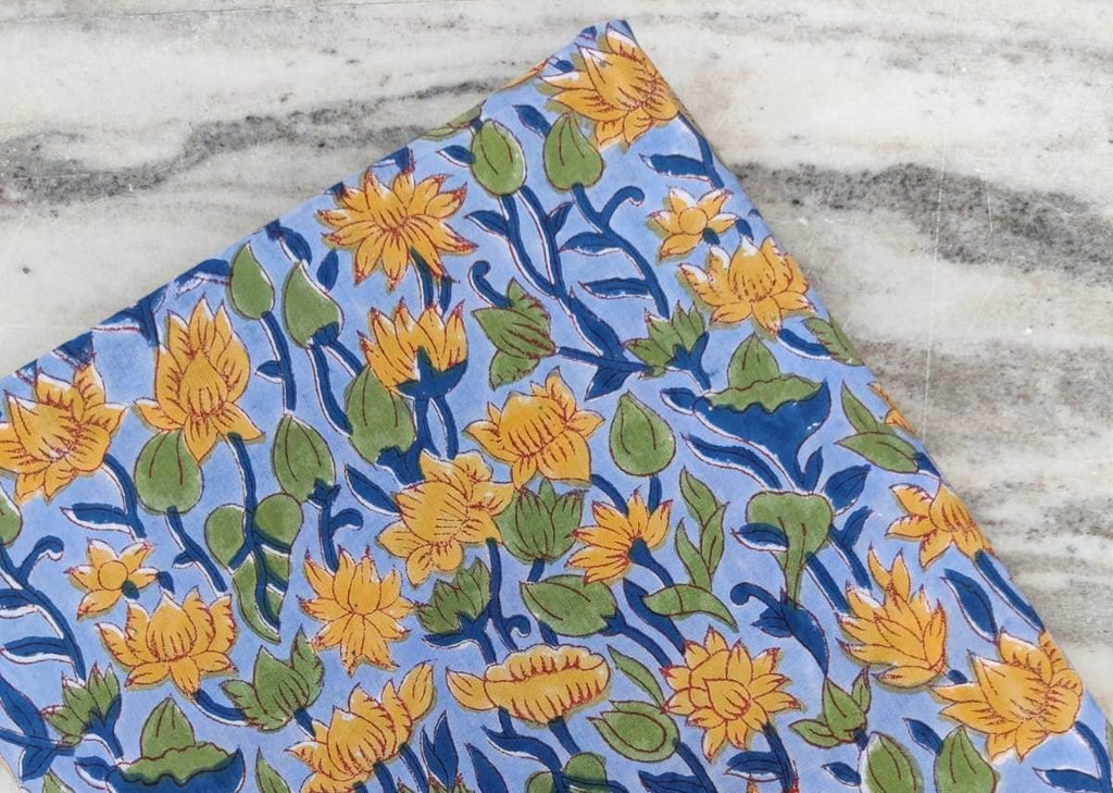 Blue Floral Cotton Fabric by Yard | Yellow Lotus Hand Block Print | Indian Soft Cotton for Quilting, Dressmaking, Sewing Crafts