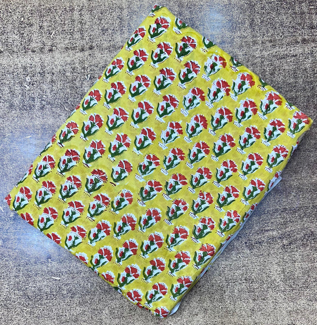 Yellow Floral Cotton Fabric, Hand Block Print Fabric by Yard, Indian Flower Print, Sewing Quilting Material, Napkin Fabric, Loose Fabrics